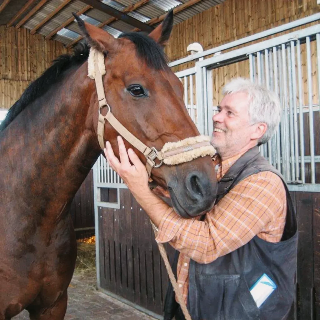 Tierarzt untersucht lächelnd ein braunes Pferd im Stall